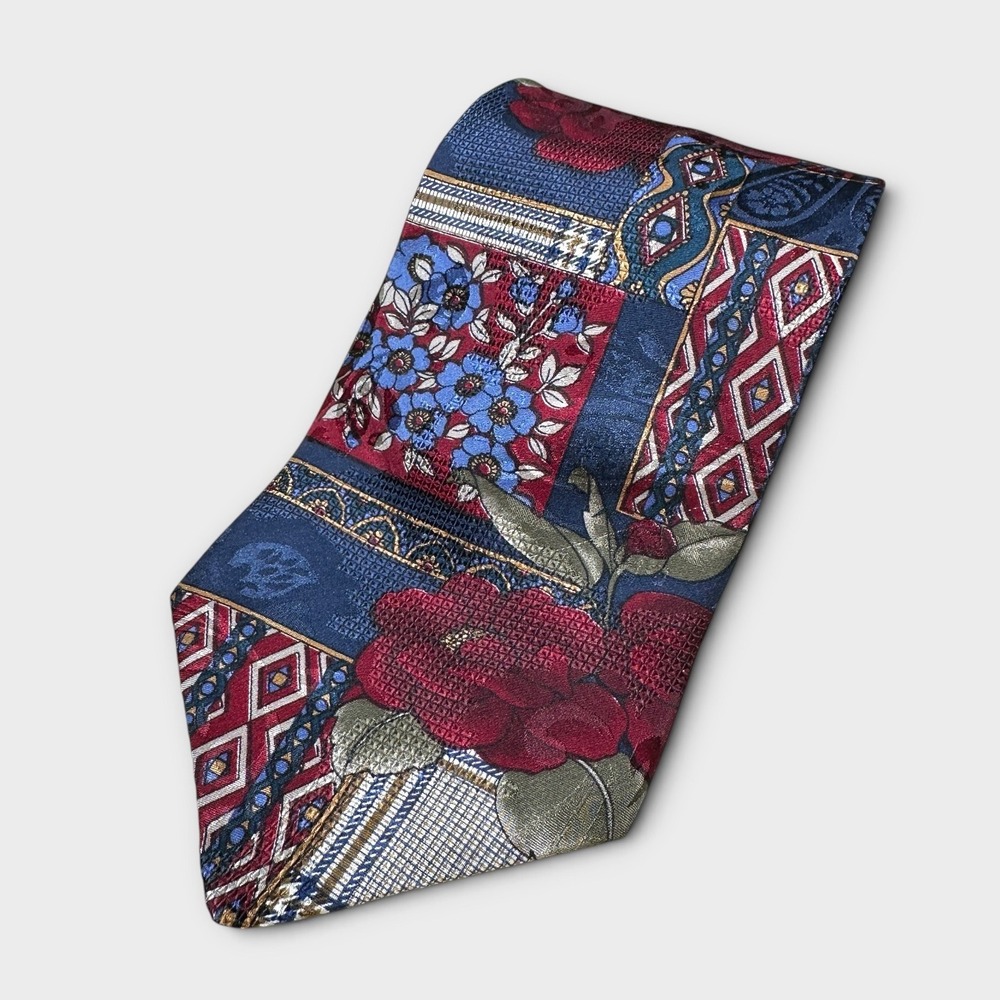 Hunt Club Mens Silk Tie Patchwork Floral Geometric Plaid Navy Burgundy Red Gold